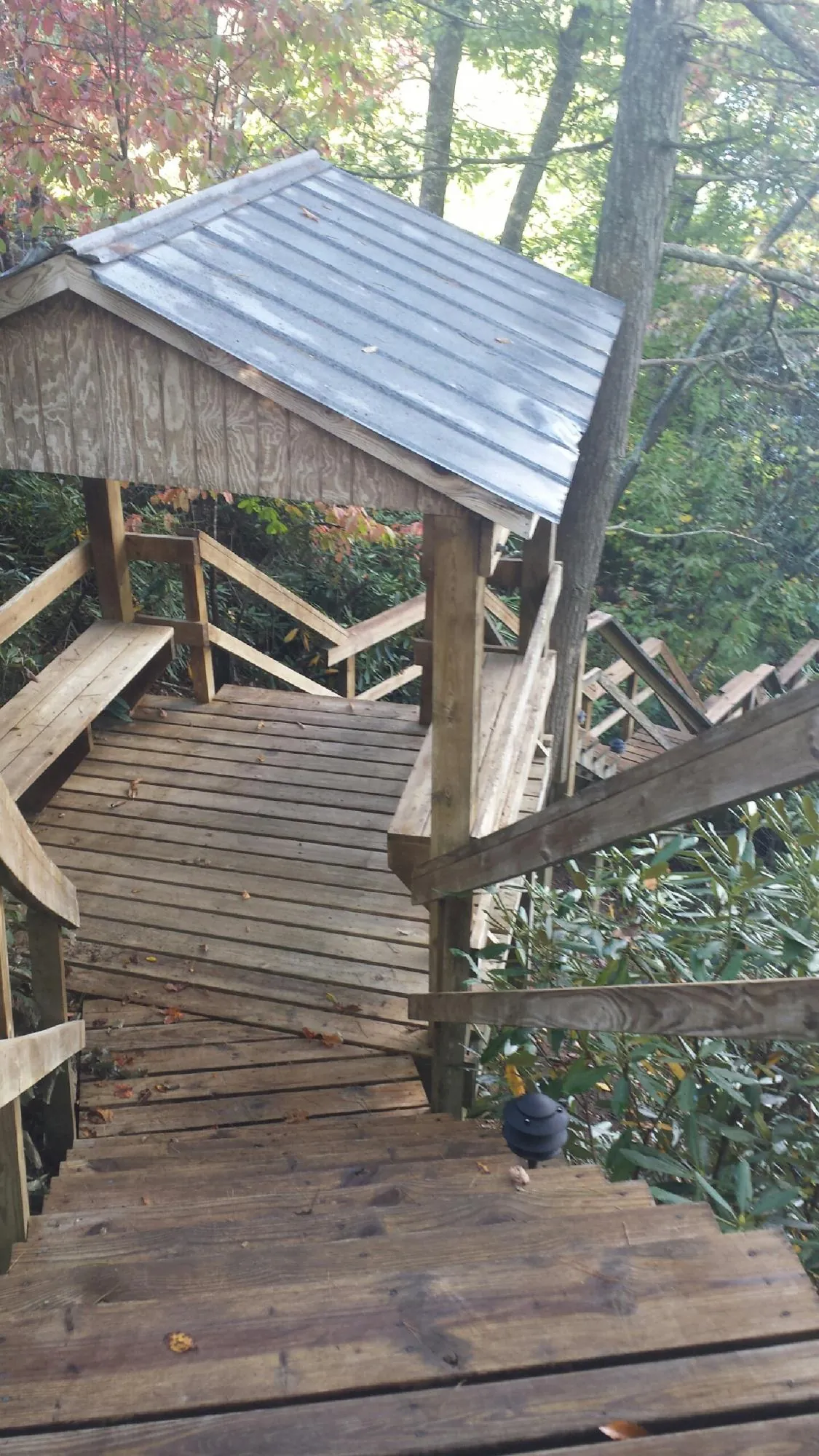 Metal roofed shelter over wooden steps on a wooded walkway — Skylight Repair & Installation work by our crew in Rockvale